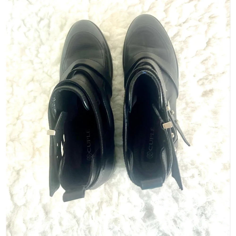 Cuplé black leather ankle boots multi-strap & buckle design women size 40/9.5